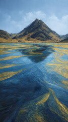 Vivid Fluid Dynamics Of Blue And Gold Suminagashi Water Reflecting Bas-Relief Mountain Under Wide Sky.