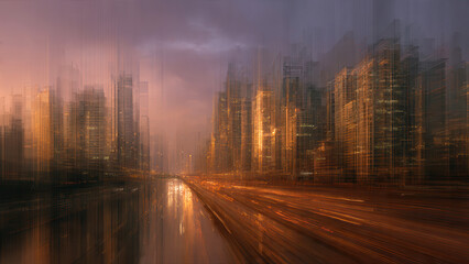 Abstract Suminagashi Architecture With Crystalline Bas-Relief Texture Displaying City Lights And Motion-Blurred Golden Roadway.