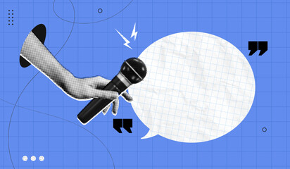 Trendy Halftone Collage Online Broadcasting concept. Hand with Microphone and Speech bubble message. Audio recording of interview. Talking in podcast. Contemporary vector art illustration