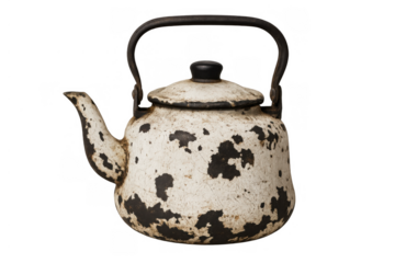 Vintage enamelware kettle with a weathered and rusty texture, for preparing hot drinks, featuring a transparent background