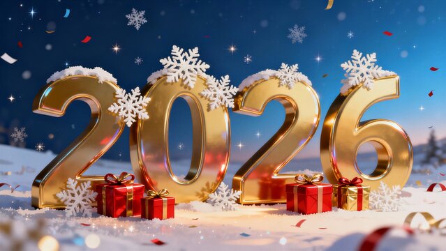 A large gold number twenty-six with snowflakes on it, surrounded by red boxes