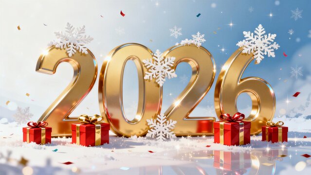 A gold and red number twenty six with snowflakes on it