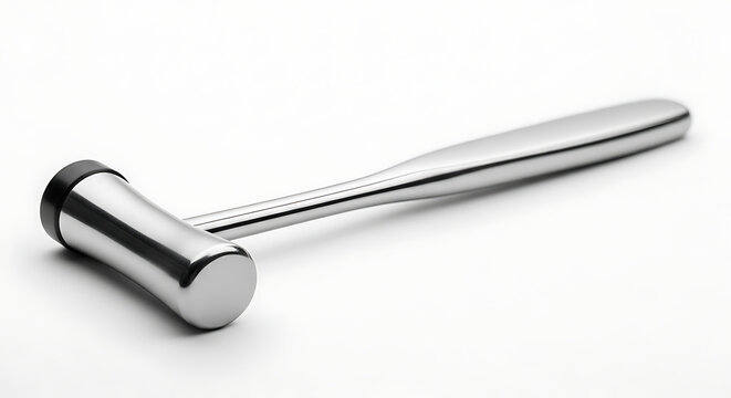 A shiny silver taylor percussion hammer with a black rubber tip on a white background surface studio shot ai generated