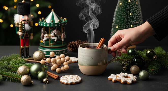 Artisan Holiday Drink Scene with Pine Branches, Cinnamon Stick, and Christmas Decor for holiday food & drink blog hero images, Pinterest Christmas recipe pins, winter cocktail social media posts