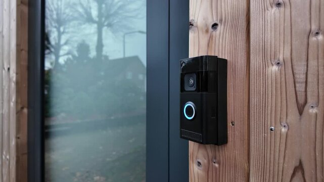 A person using a Smart doorbell with an intercom and double camera at a residential home entrance. Ring Doorbell outside.