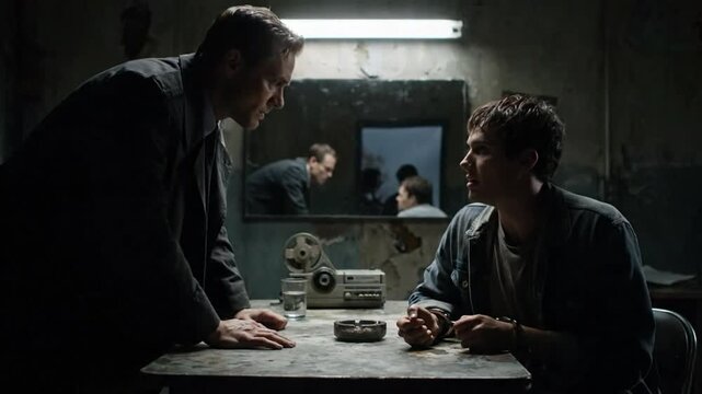 Intense interrogation scene in a dimly lit room with a detective questioning a young man under arrest
