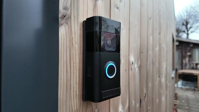 A person using a Smart doorbell with an intercom and double camera at a residential home entrance. Ring Doorbell outside.
