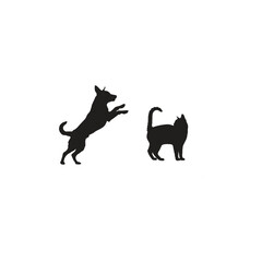 A black silhouette of a dog jumping towards a cat on a white background in a simple vector style art