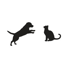 Silhouette of a dog jumping towards a cat sitting on a white background in a simple illustration