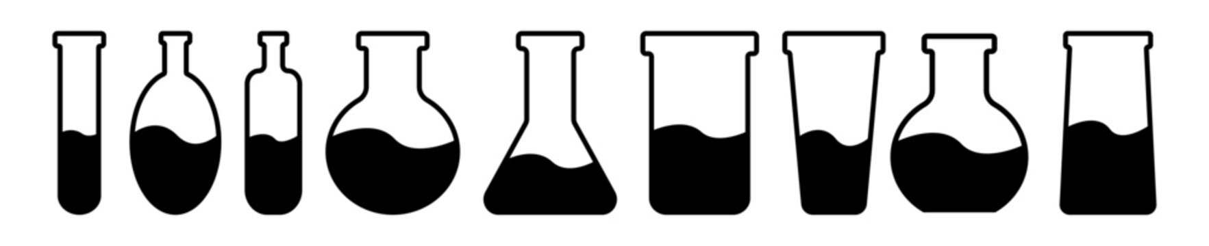 Vector drawing of glass tubes, flasks for chemical experiments. Glass flask for alchemy, magic drinks. A set of flasks for the design of magical rituals.