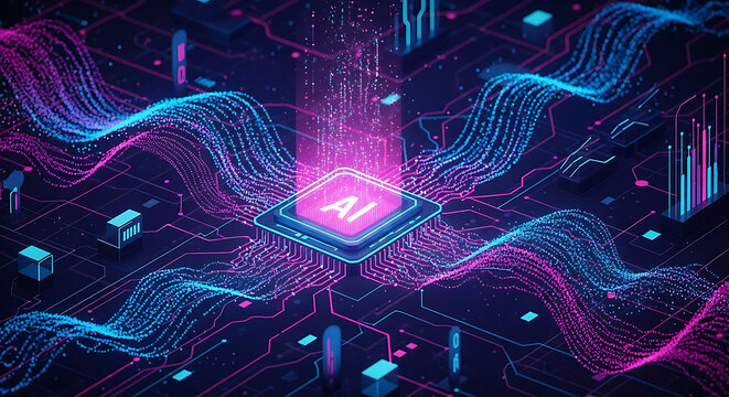 Artificial intelligence chip with glowing pink and blue data streams on circuit board design ai generated