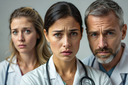Three medical professionals, two women and one man, wearing white lab coats and stethoscopes, display concerned expressions.