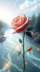 Single Peach Bas-Relief Rose Over Suminagashi River Water, Reflecting Crystalline Light Under A Misty Sky.