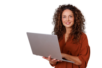 Professional woman with curly hair holding a laptop and smiling, embracing technology and business innovation, transparent background
