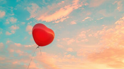 Fototapeta premium A red heart-shaped balloon floats against a colorful sky with soft clouds during sunset. The scene evokes feelings of love and joy.