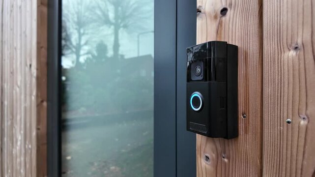 A person using a Smart doorbell with an intercom and double camera at a residential home entrance. Ring Doorbell outside.