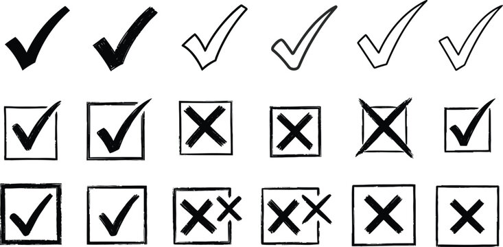 Collection of hand drawn checkmarks and crosses for to do lists