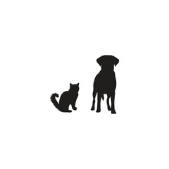 A silhouette of a cat sitting next to a dog standing on a white background in a simple illustration