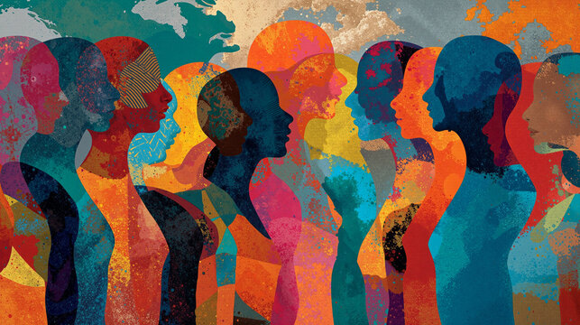 Conceptual illustration showcasing diverse silhouettes in vibrant colors representing unity and connection among people