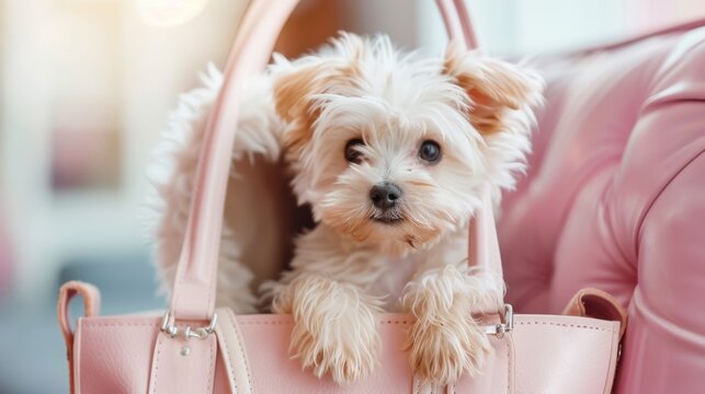 A small white Maltese puppy peeks out of a pink handbag. The puppy has fluffy fur and bright eyes, creating an adorable scene in a cozy indoor setting. - Powered by Adobe