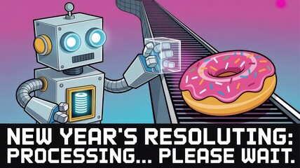 Robot processing New Year's resolutions with donut background  