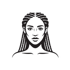 Elegant female face illustration with long braided hair, beauty and fashion design on white background