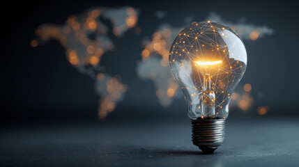 Glowing light bulb with a network of connections against a dark background representing technology and innovation