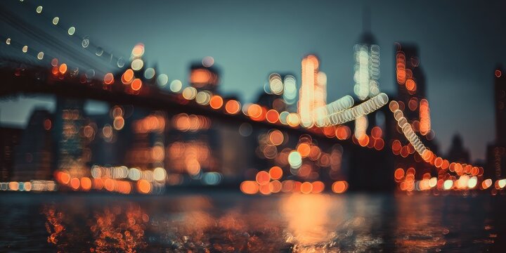 Blurred Lights of Brooklyn Bridge and Cityscape at Night.