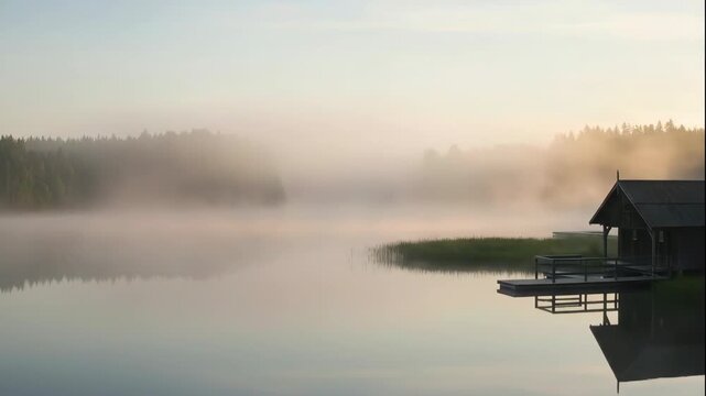 serene lake with wooden house on shore, enveloped in morning mist. soft light creates tranquil, peaceful mood. calm water reflects forest. solitude in nature. background, web banner, wellness