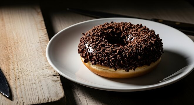 Indulge in the delightful chocolate donut on a white plate, a tempting treat perfect for satisfying your sweet cravings and adding joy to your day