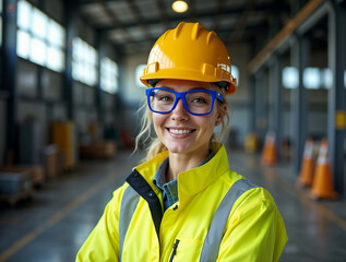 Portrait of a focused construction worker or engineer wearing a safety helmet and hard hat on an industrial work site