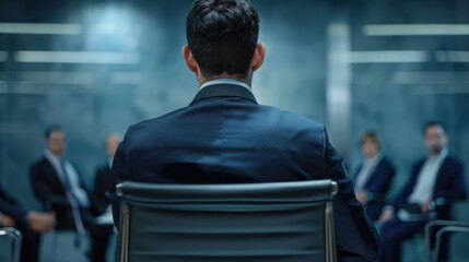 A young Hispanic man in a suit sits in a conference room, facing a group of diverse professionals. The atmosphere is formal and focused on discussion.