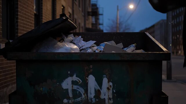 Man's hand tossing a garbage bag into a dilapidated green dumpster overflowing with trash in a dimly lit urban alley at dusk under streetlights