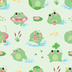 Kawaii frog seamless pattern. Positive green toad characters, funny frogs on pond. Children decorative print for fabric, wallpaper, nowaday vector background