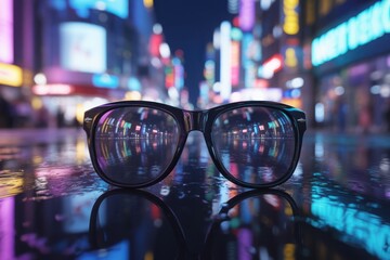 Stylish sunglasses reflecting vibrant city lights at night