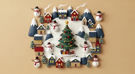 Charming winter village scene with snowmen houses and a decorated fir tree on gentle beige background festive landscape
