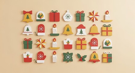 Flat lay composition of colorful winter holiday icons. Bells, gift boxes, stars, candles, and mittens arranged on a solid colored background