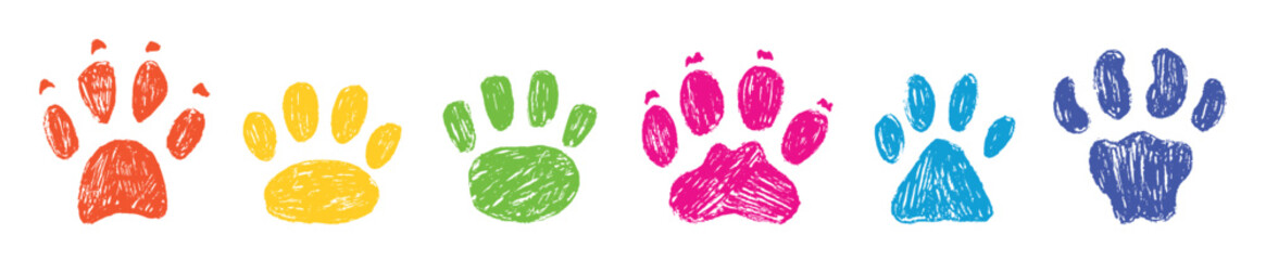 Fototapeta na wymiar Crayon pet paws. Pencil drawing children style animal footprints. Cat dog tiger paw prints. Colorful decorative art animalistic neoteric vector elements