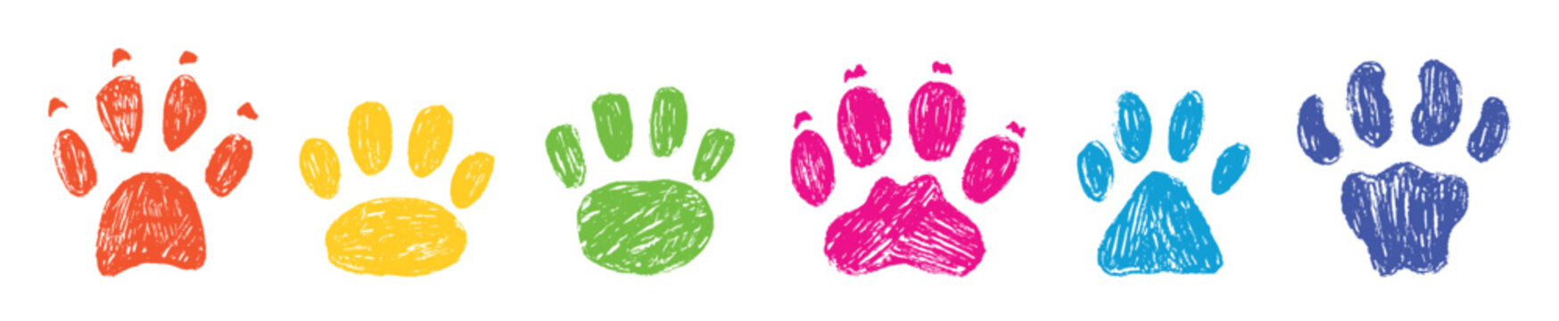 Crayon pet paws. Pencil drawing children style animal footprints. Cat dog tiger paw prints. Colorful decorative art animalistic neoteric vector elements