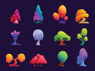 Obraz premium Magic vibrant tree. Fairy tale fantasy plants, magical forest park garden elements. Neon toxic slimy tree crowns, mystic cartoon plant sapid vector set