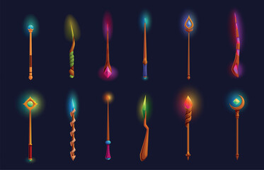 Magic wands. Wooden wand with gems, magical stones and lights. Wizard witch equipment for spells, fairy tale mystic elements, sapid vector set