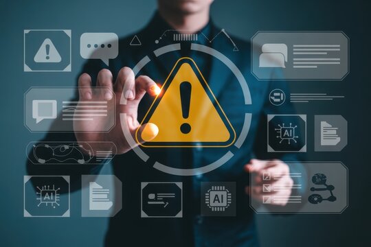 Person in dark suit interacts with digital warning symbols and data interfaces