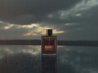 Luxury perfume bottle evokes evocative mood with dramatic sky
