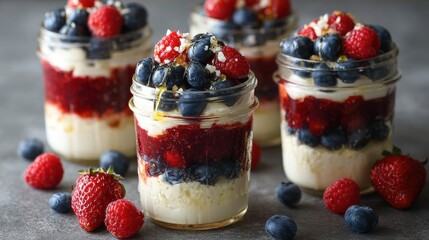 Patriotic layered dessert parfaits with fresh berries cream and granola in glass jars showing red white blue American themed sweet treat for celebration