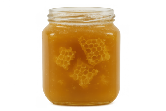 Natural golden honey with honeycomb pieces in a glass jar, displaying organic sweetness and beekeeping essence