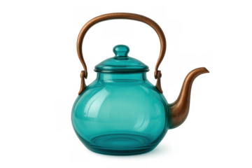Teal glass teapot with copper handle and spout on transparent background, reflecting light, ready for brewing tea