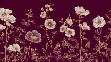 Elegant Floral Pattern with Gold Outline on Deep Burgundy Background