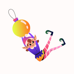 Christmas elf with round yellow tree decoration. Santa Claus helper. Festive elf isolated on white background. Vector illustration.