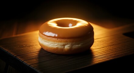 Indulge in a caramel glazed donut, a sweet temptation on a rustic wooden board under warm inviting light, perfect for bakery ads and sweet cravings