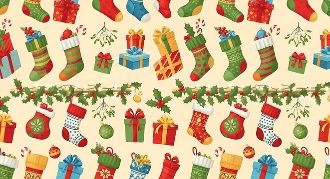 A festive pattern featuring christmas stockings and wrapped presents galore - Powered by Adobe